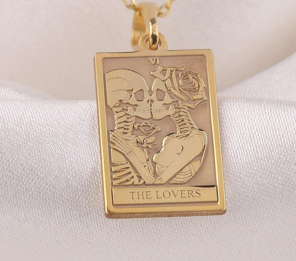 Lovers Tarot Card Necklace Necklaces 14K 14K Gold Plated pendant featuring intertwined skulls and roses design for the lovers necklace