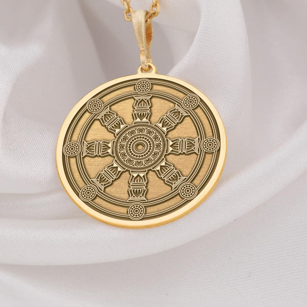 Dharma Wheel Necklace: 14K Gold with dharma wheel charm wheel spoked talisman amulet - View 48