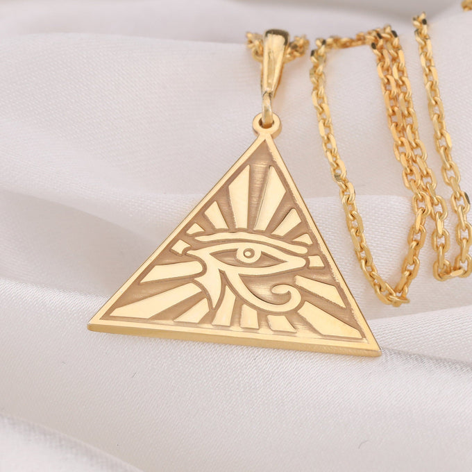 Eye of Horus Protection Talisman Pendant Necklaces 14K 14K Gold Plated triangular pendant featuring an evil eye sunburst design necklace