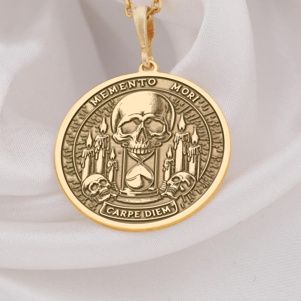 Gothic Skull Memento Mori Necklace Necklaces 14K 14K Gold Plated pendant necklace featuring skulls and candles design with Latin text.