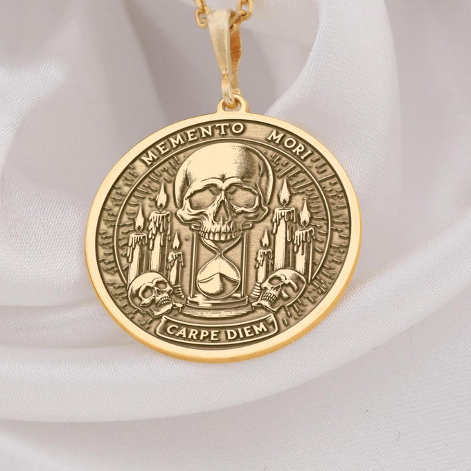 Gothic Skull Memento Mori Necklace Necklaces 14K 14K Gold Plated pendant necklace featuring skulls and candles design with Latin text.