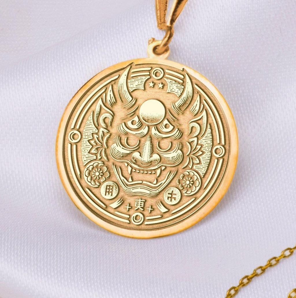 Oni Mask Necklace: 14K Gold with demon mask yokai talisman amulet collectible amulet - View 48