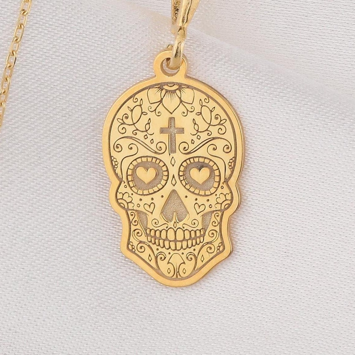 14K Gold Dia de los Muertos Necklace: 14K Gold with memento mori goth macabre talisman - View 48