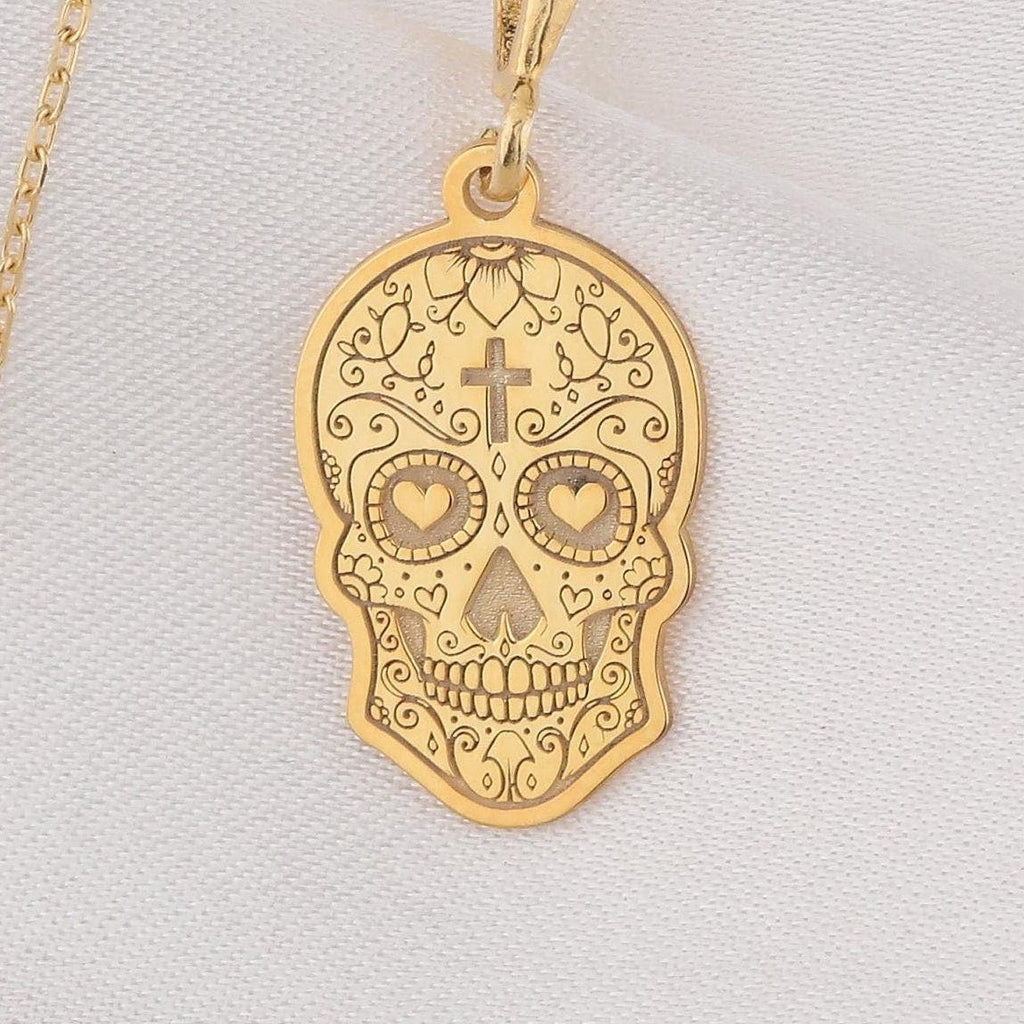 14K Gold Dia de los Muertos Necklace: 14K Gold with memento mori goth macabre talisman - View 48
