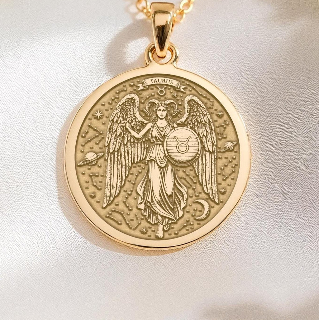 Taurus Zodiac Medallion Necklace: 14K Gold with horoscope art star sign astrology - View 153
