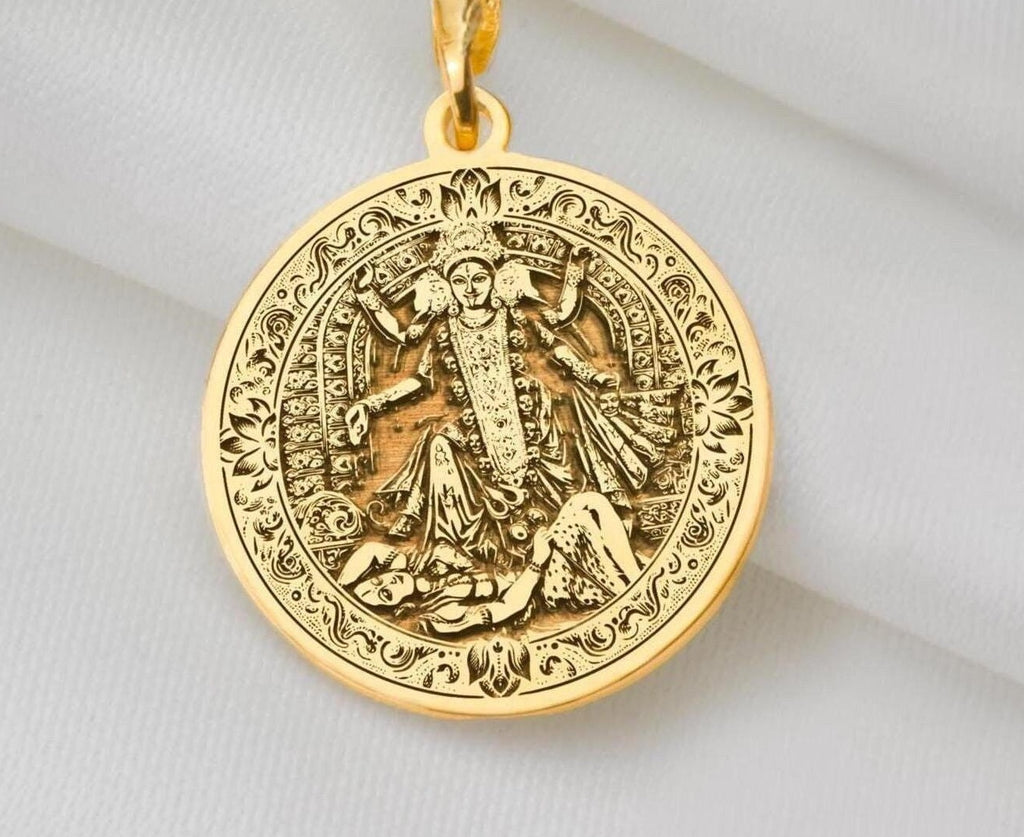 Kali Ma Memento Mori Pendant Necklaces 14K 14K Gold Plated pendant necklace featuring an ornate circular design of classical figures.