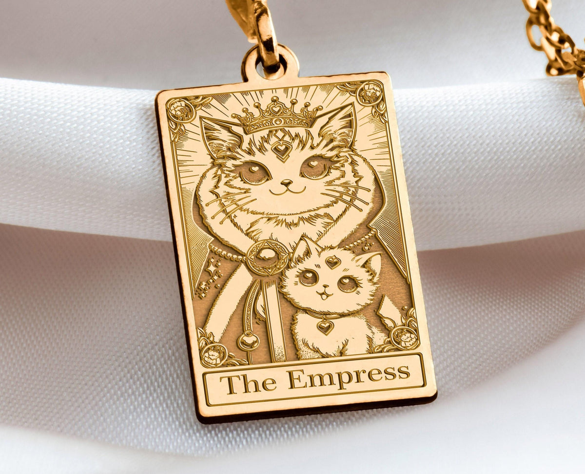 Empress Card Major Arcana Pendant Necklaces 14K 14K Gold Plated rectangular pendant featuring two crowned cats design necklace
