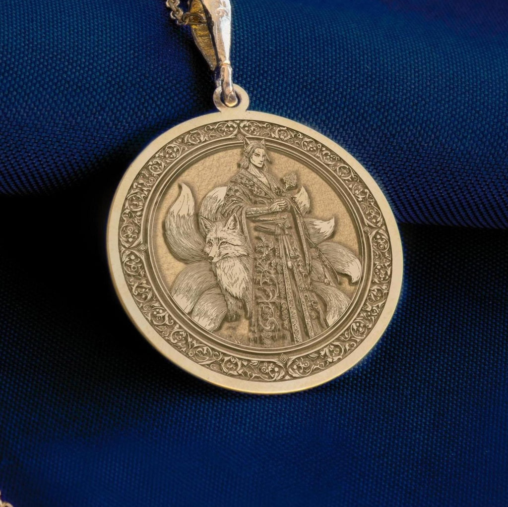 Kitsune Fox Talisman Necklace Necklaces 14K 14K Gold Plated pendant with classical figure portrait design on a circular frame necklace