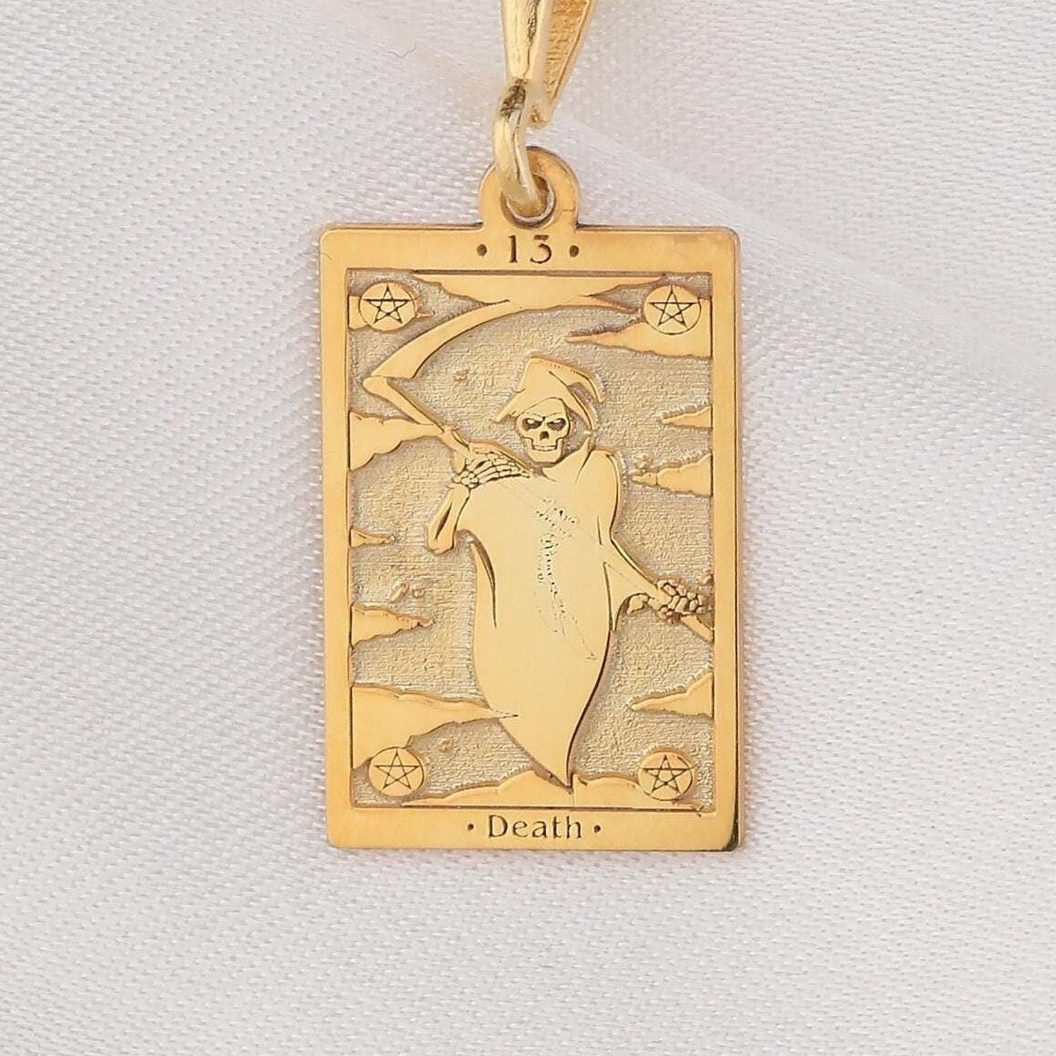 Death Tarot Major Arcana Pendant Necklaces 14K 14K Gold Plated skull holding a crescent moon pendant with stars and death theme necklace