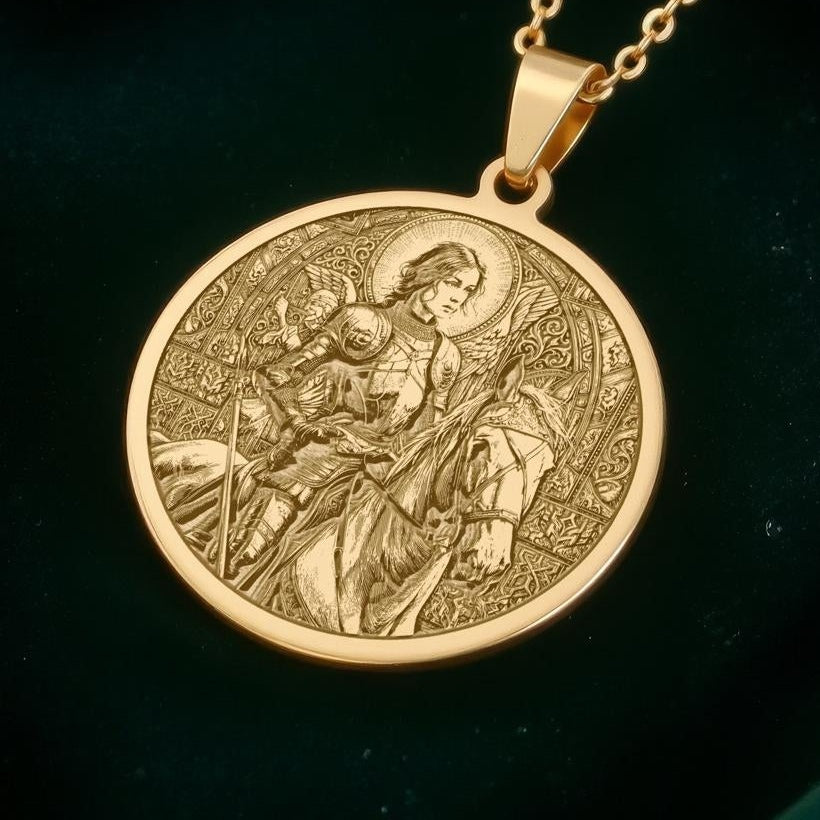 Joan of Arc Necklace: 14K Gold Saint of Courage Pendant, Warrior Coin Charm - View 2