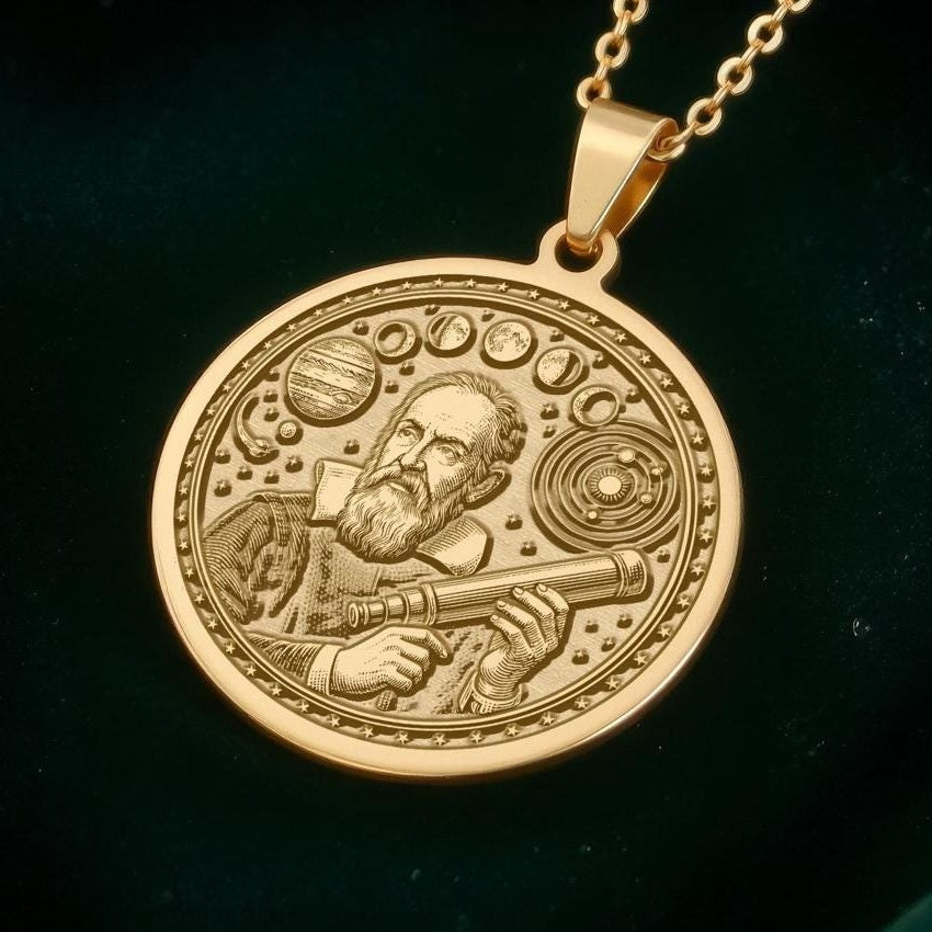 Galileo Necklace: 14K Gold Father of Science, Astronomy Pendant - View 2