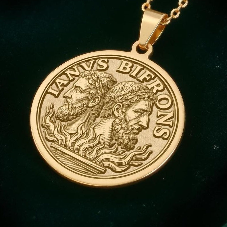 Janus Necklace: 14K Gold Two Faced God Pendant - View 2