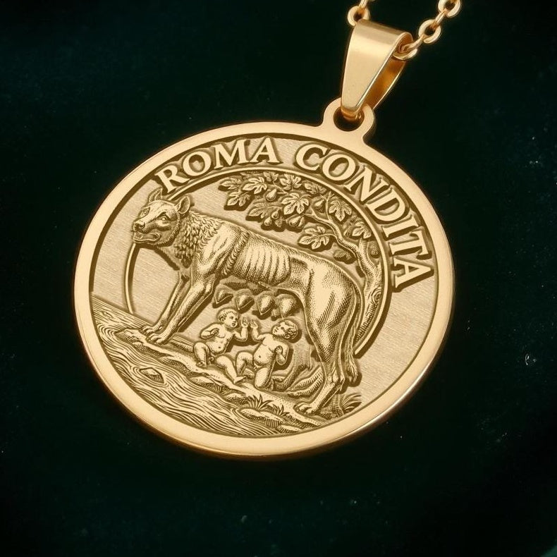 Lupa Capitolina Necklace: 14K Gold Romulus and Remus Pendant - View 2