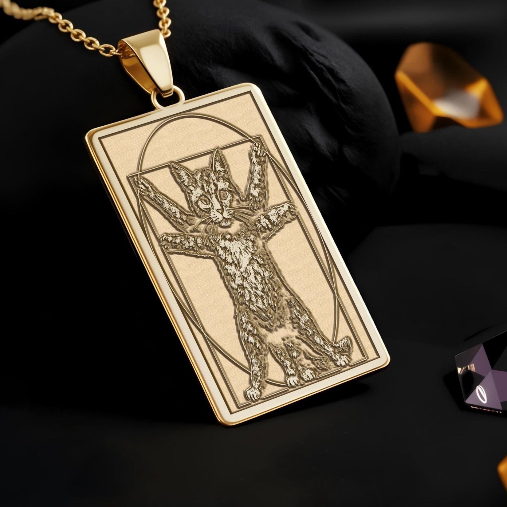 Vitruvian Cat Necklace: 14K Gold Da Vinci Parody Funny Art Pendant - View 2