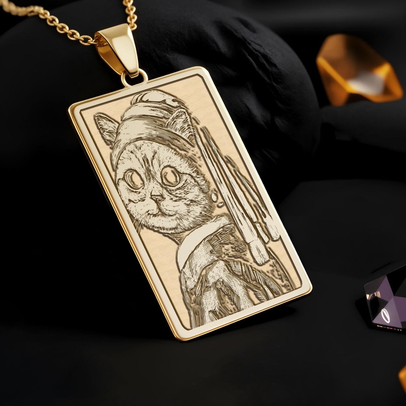 Cat with Pearl Earring Necklace: 14K Gold Vermeer Parody Funny Art - View 2