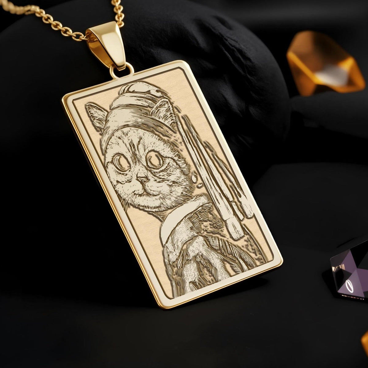 Cat with Pearl Earring Necklace: 14K Gold Vermeer Parody Funny Art - View 2