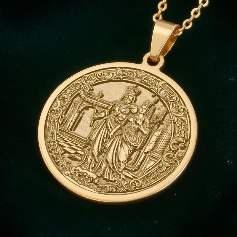 King and Queen Chess Necklace: 14K Gold Royal Couple, Love Coin - View 2