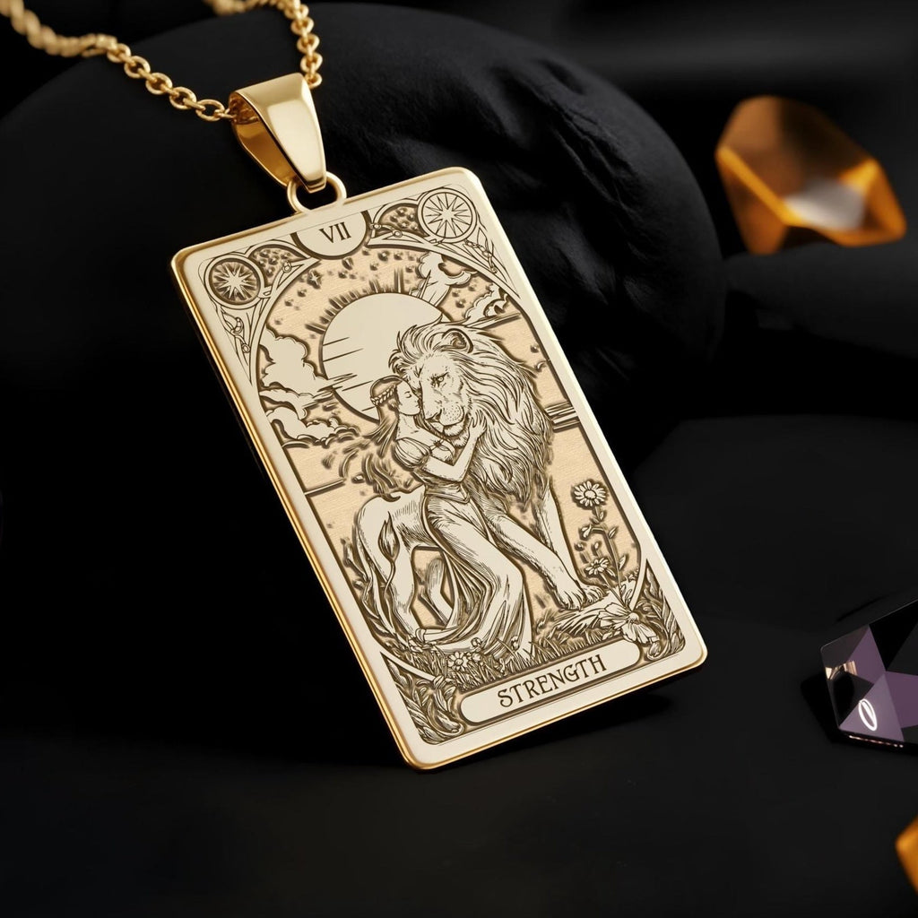 Strength Tarot Card Necklace: 14K Gold Lion and Maiden, Inner Power Charm - View 2