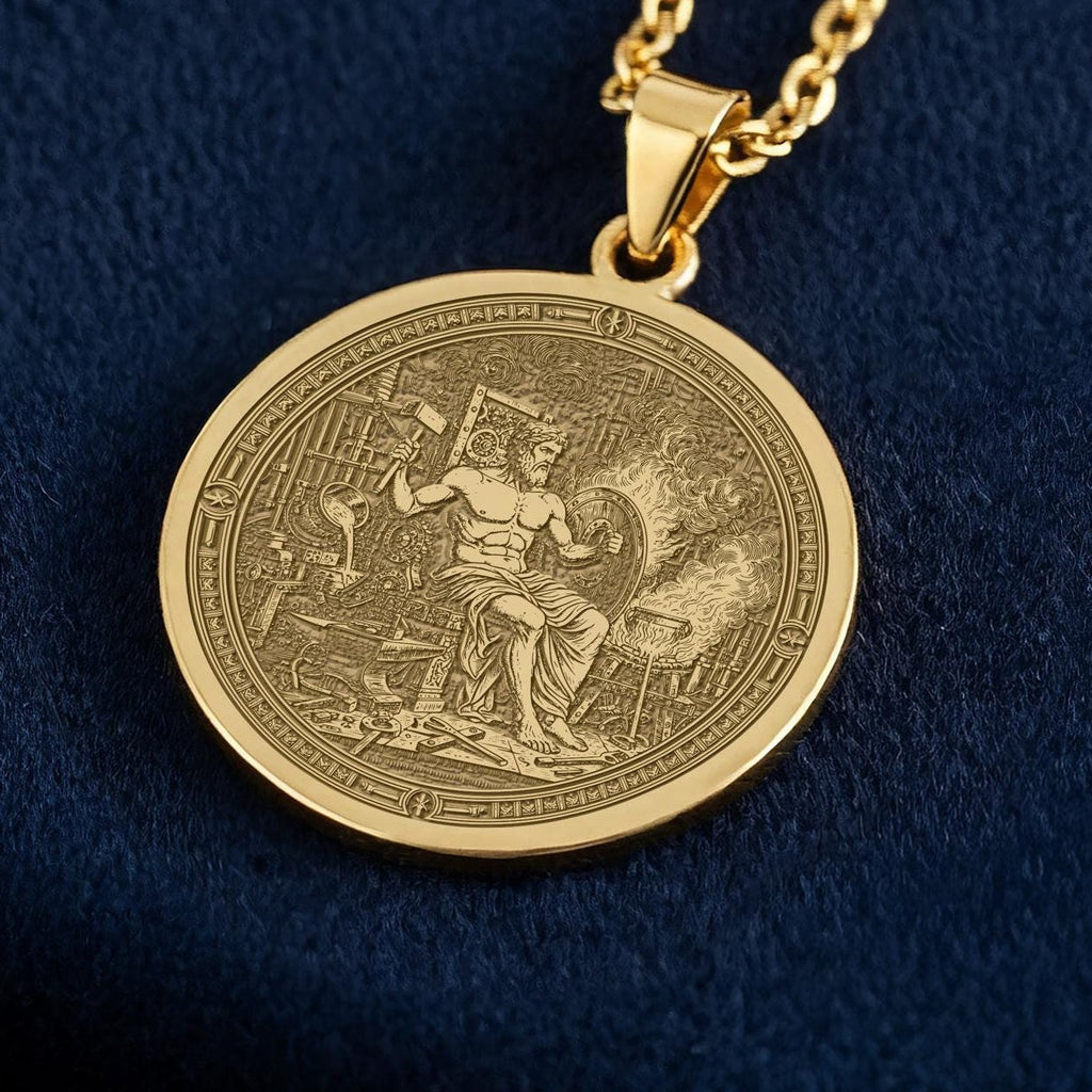 Hephaestus Pendant Necklace: 14K Gold, God of Fire Medallion, Blacksmith Jewelry - View 2