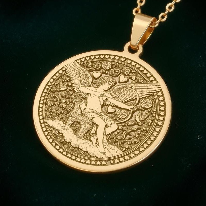 Eros Pendant Necklace: 14K Gold God of Love Coin, Romantic Cupid Charm - View 2
