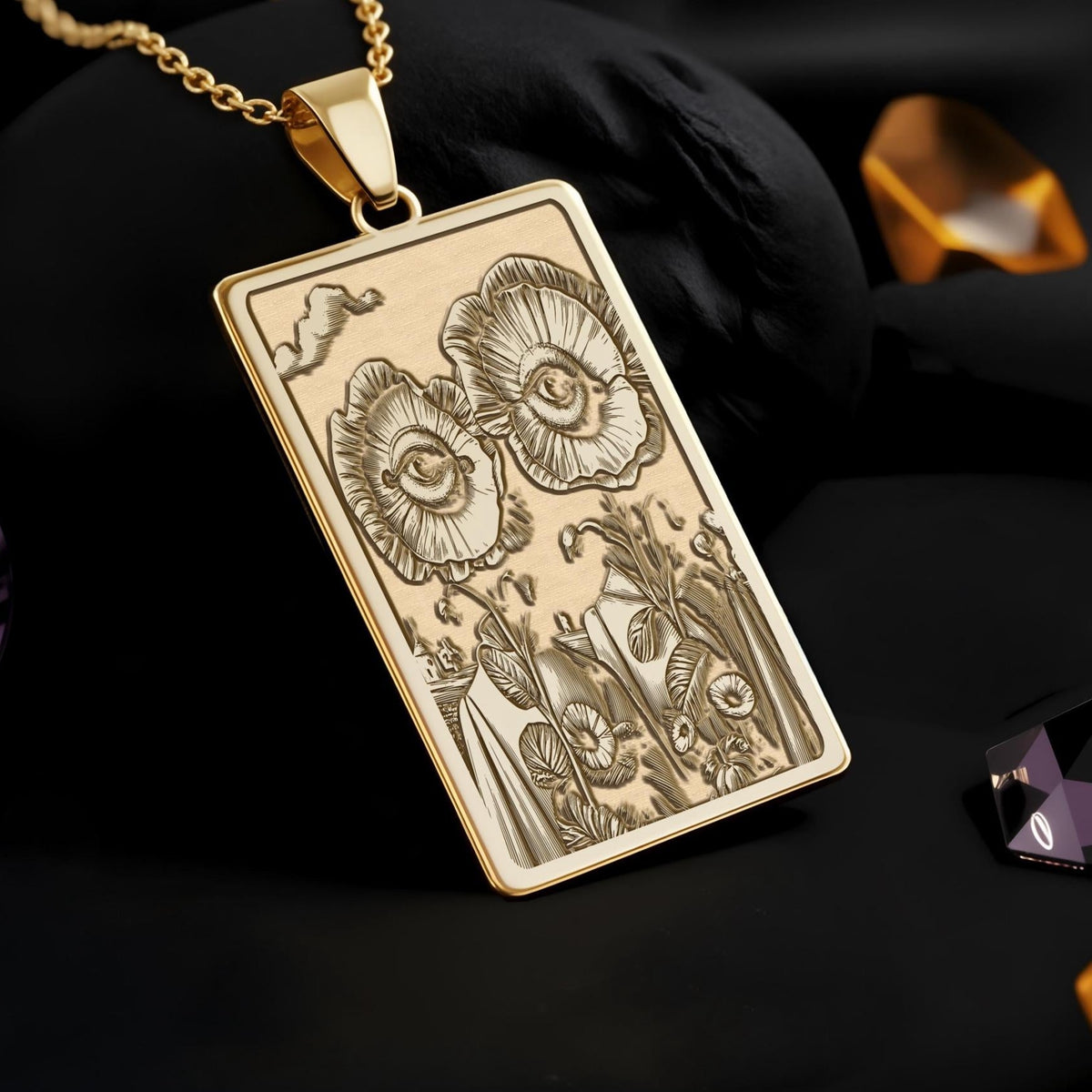 Surreal Flower Eyes Necklace: 14K Gold Alice in Wonderland Art - View 2