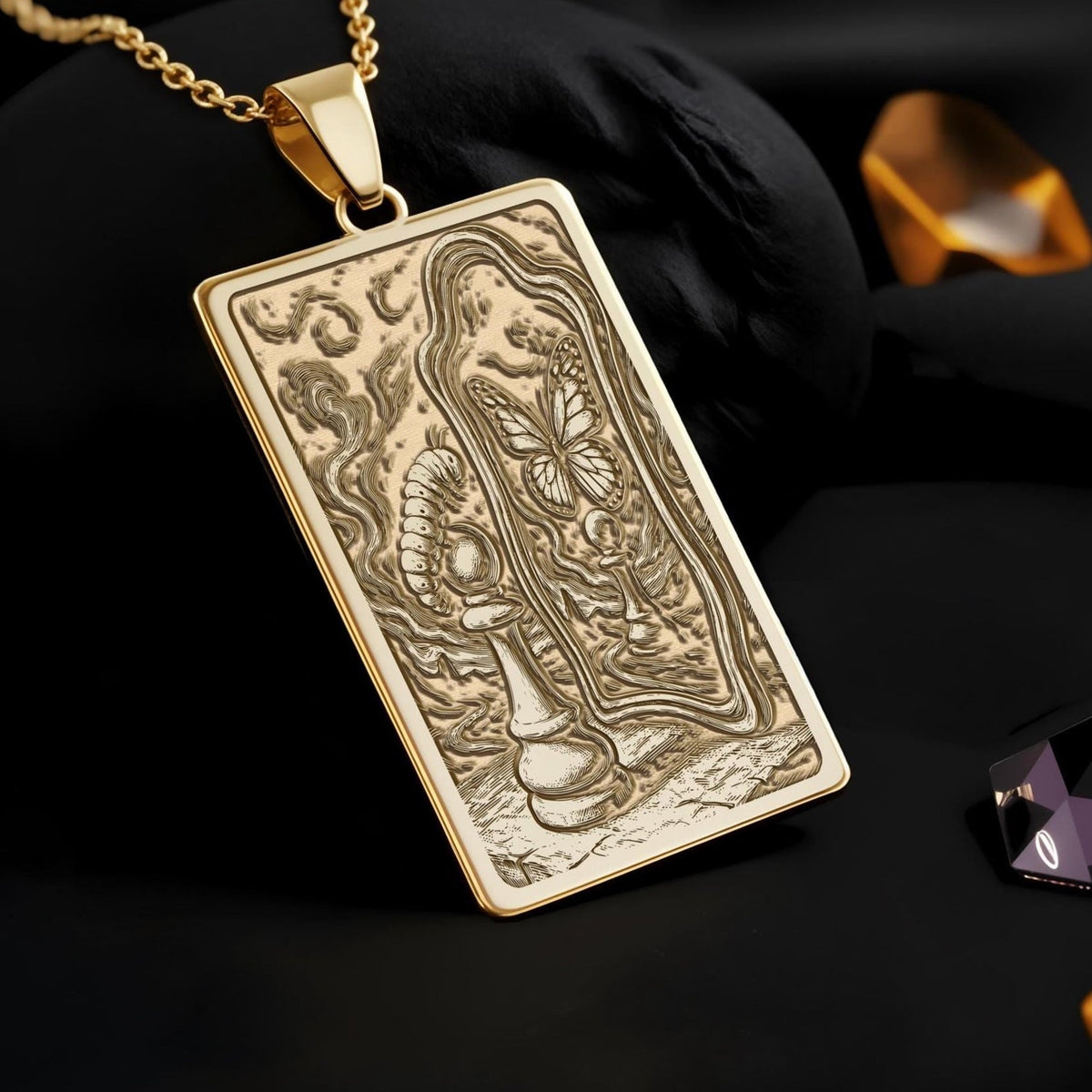 Metamorphosis Necklace: 14K Gold Pawn in Mirror, Art Inspired - View 2