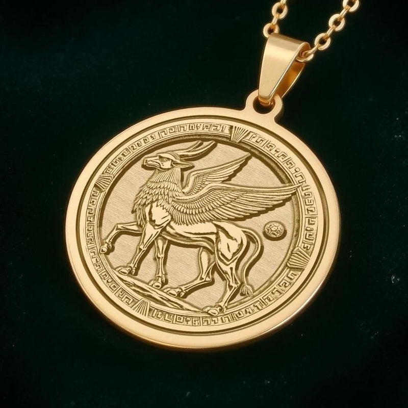 Lamassu Pendant Necklace: 14K Gold Assyrian Guardian, Protection Talisman - View 2