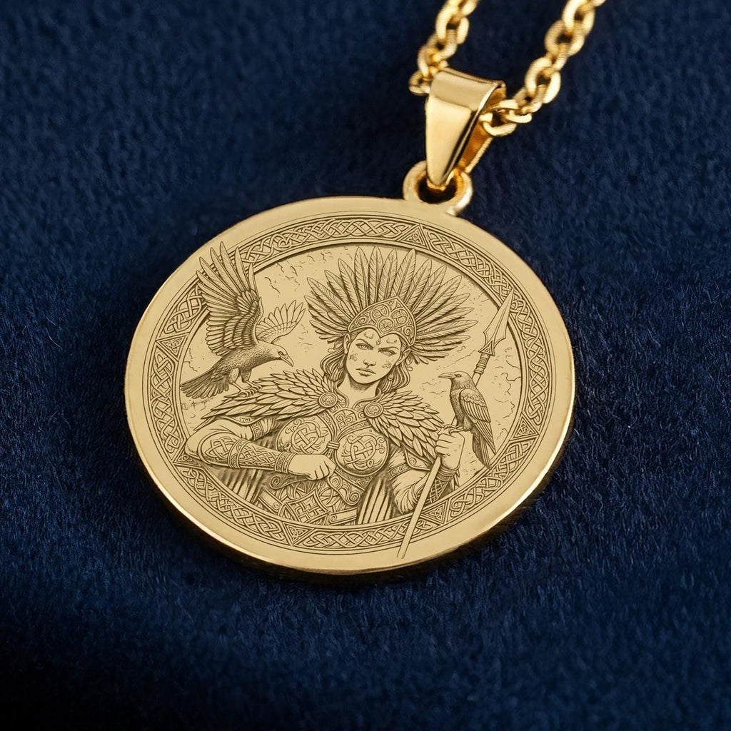 Morigan Necklace: 14K Gold Celtic Goddess Medallion, Engraved Irish Mythology Pendant, Raven Amulet for Women - View 2