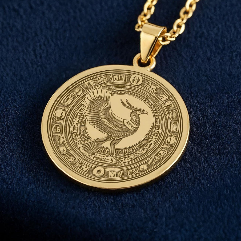 Egyptian God Horus Necklace: 14K Gold Ancient Egypt Jewelry, Falcon God Pharaoh Pendant, Kemetism Protection Amulet, Engraved Talisman - View 2
