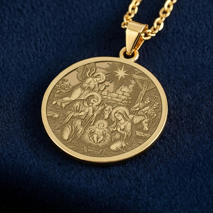 Nativity Scene Medallion: 14K Gold Jesus Pendant Necklace - View 2