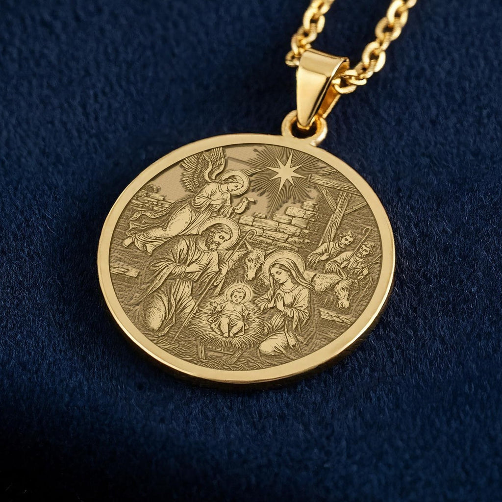 Nativity Scene Medallion: 14K Gold Jesus Pendant Necklace - View 2