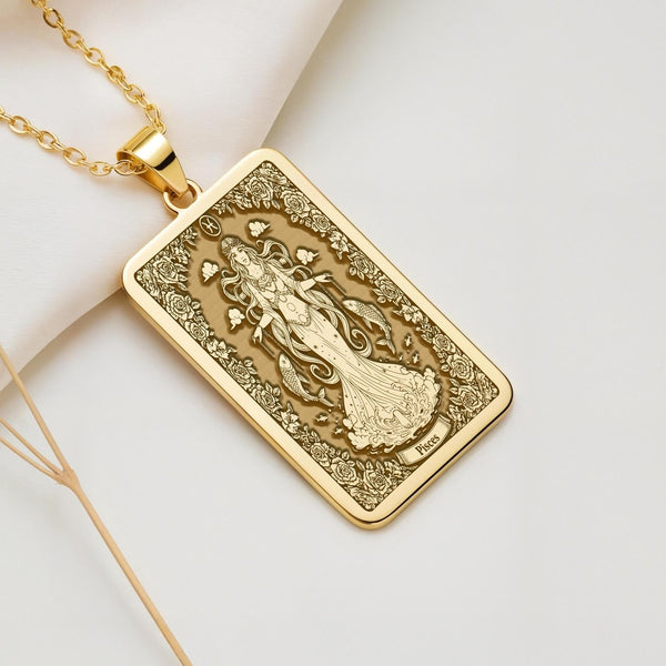 Pisces Necklace: 14K Gold Astrology Tarot Card Pendant - View 2