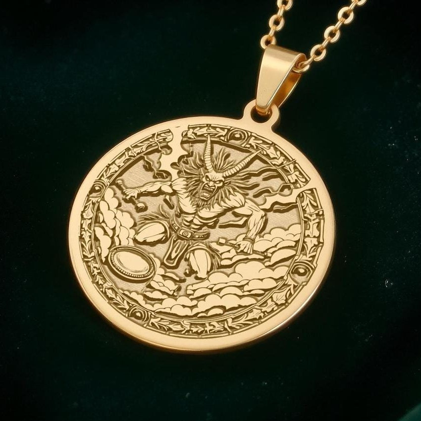Raijin Pendant Necklace: 14K Gold Japanese Thunder God, Kami Protection - View 2