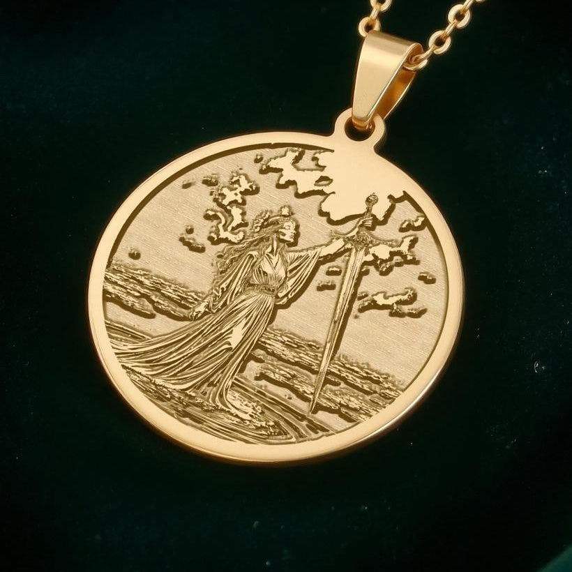 Lady of the Lake Excalibur Charm Necklace Necklaces 14K 14K Gold Plated round pendant featuring a classical female figure in a landscape design.