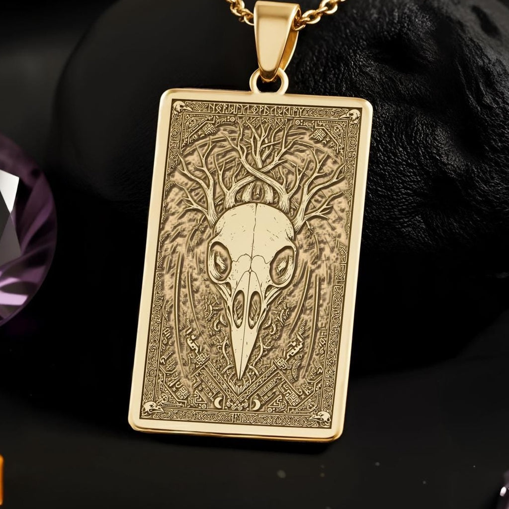 Raven Skull Pendant Necklace: 14K Gold, Viking Odin Amulet, Gothic Pagan Jewelry - View 2