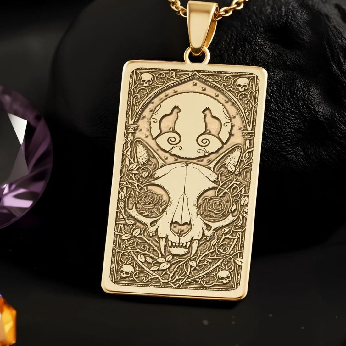 Cat Skull Pendant Necklace: 14K Gold, Gothic Feline Charm, Memento Mori Jewelry - View 2