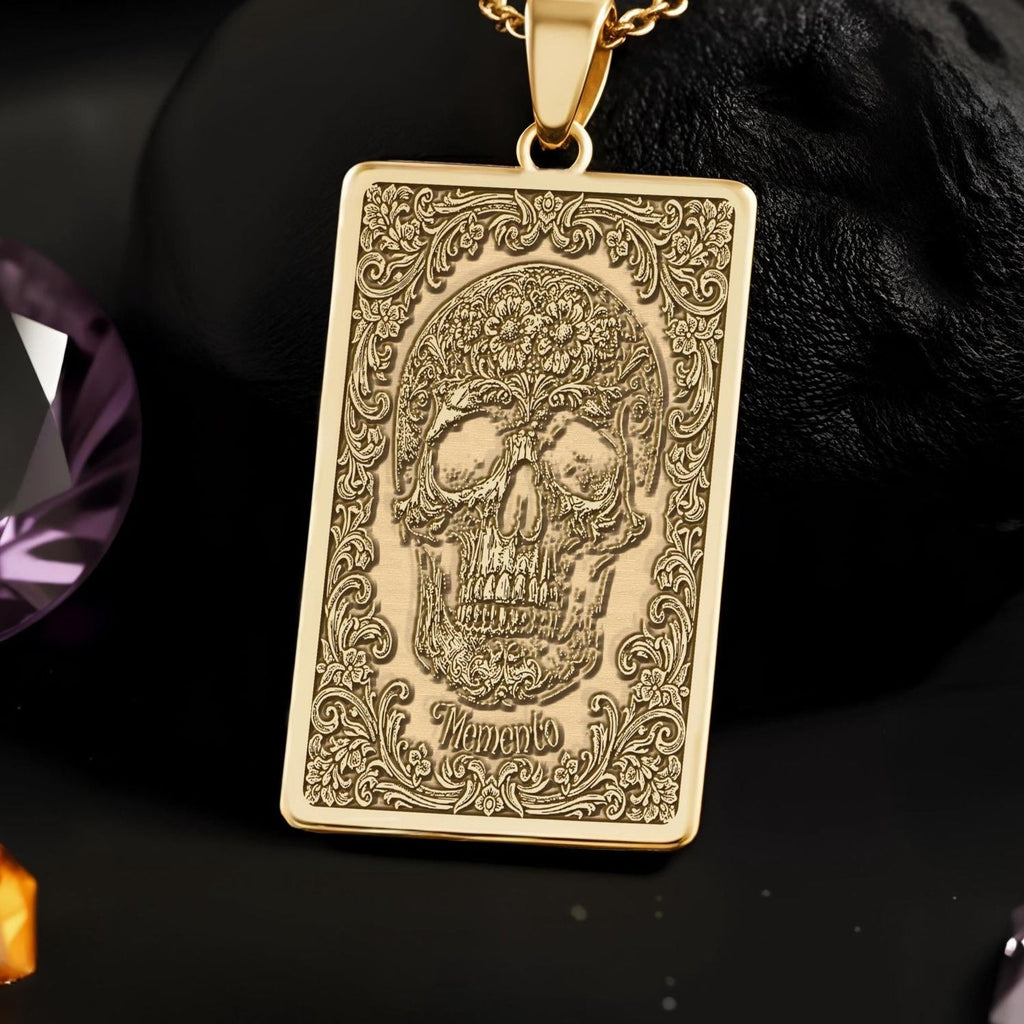 Memento Mori Pendant Necklace: 14K Gold Skull & Bones Charm - View 2