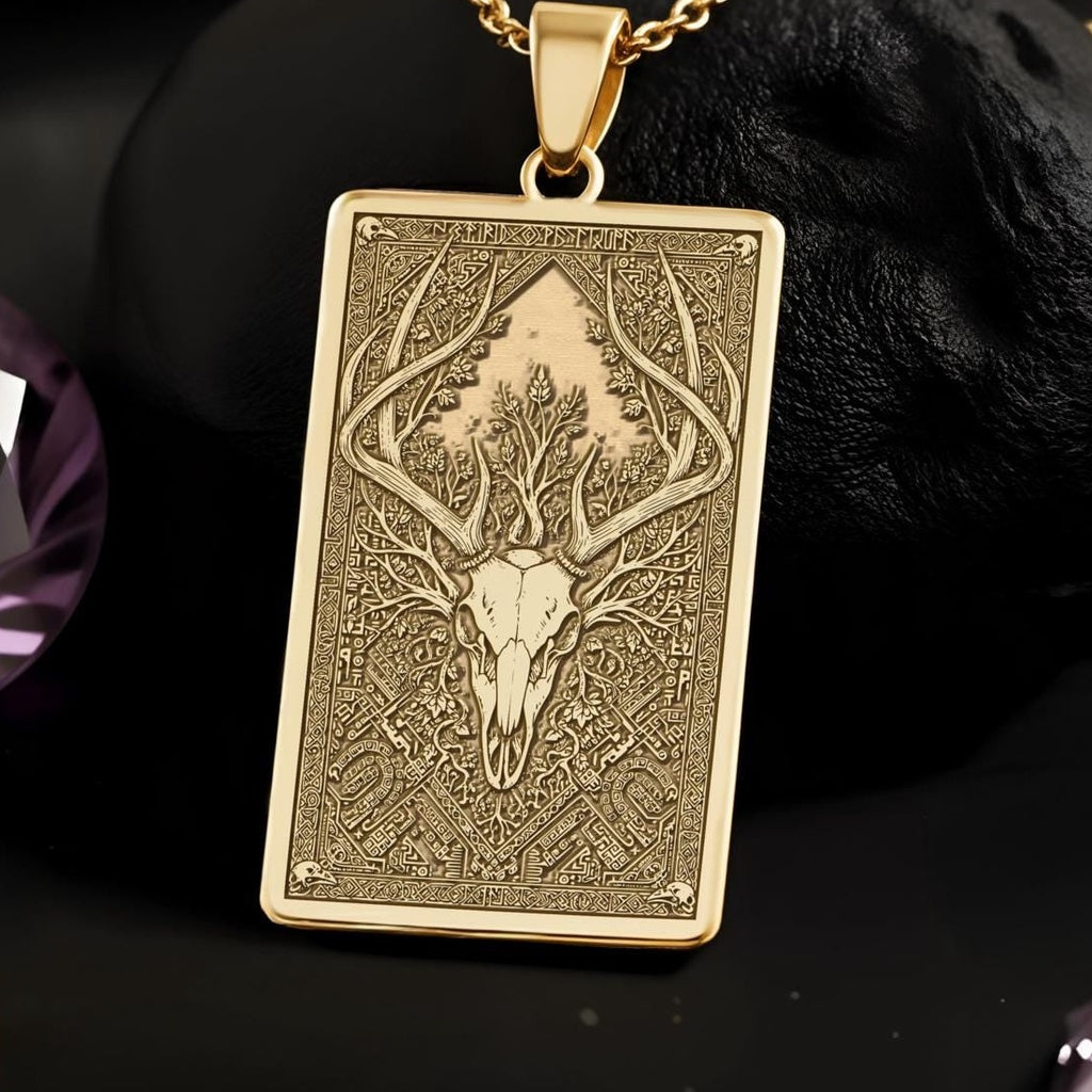 Forest God Deer Skull Pendant Necklaces 14K 14K Gold Plated pendant necklace featuring an animal skull with antlers and vine design.