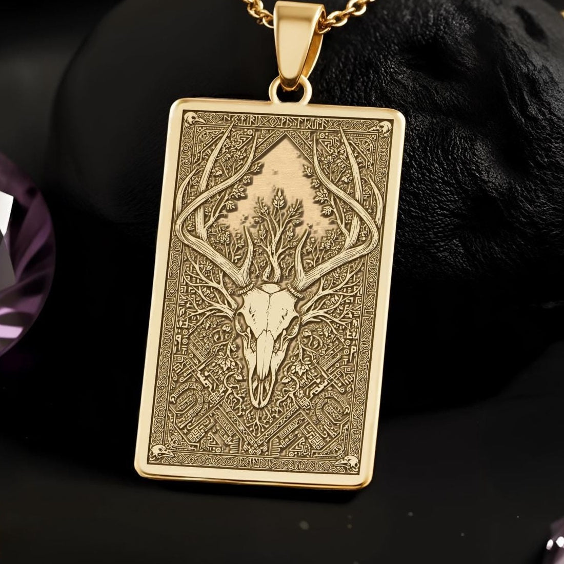 Deer Skull Pendant Necklace: 14K Gold, Forest God Amulet, Pagan Witch Jewelry - View 2