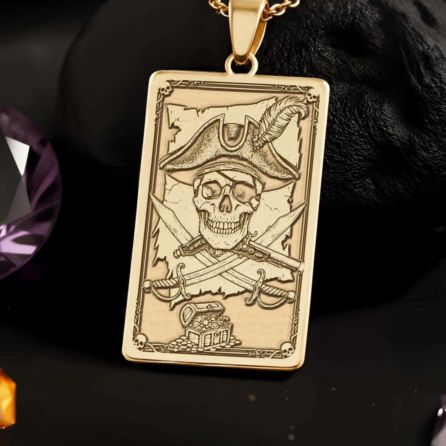 Pirate Skull Pendant Necklace: 14K Gold, Jolly Roger Charm, Nautical Gothic Jewelry - View 2