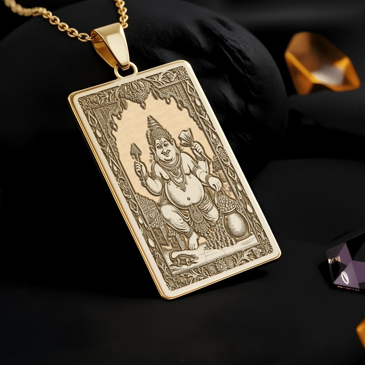 Kubera Pendant Necklace: 14K Gold, Personalized God of Wealth Tarot, Hindu Jewelry - View 2