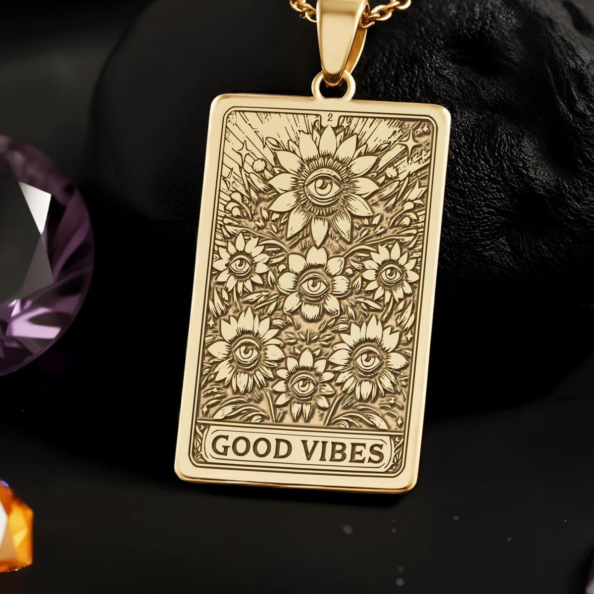 Good Vibes Pendant Necklace: 14K Gold, Sunflower Evil Eye, Positivity Amulet - View 2