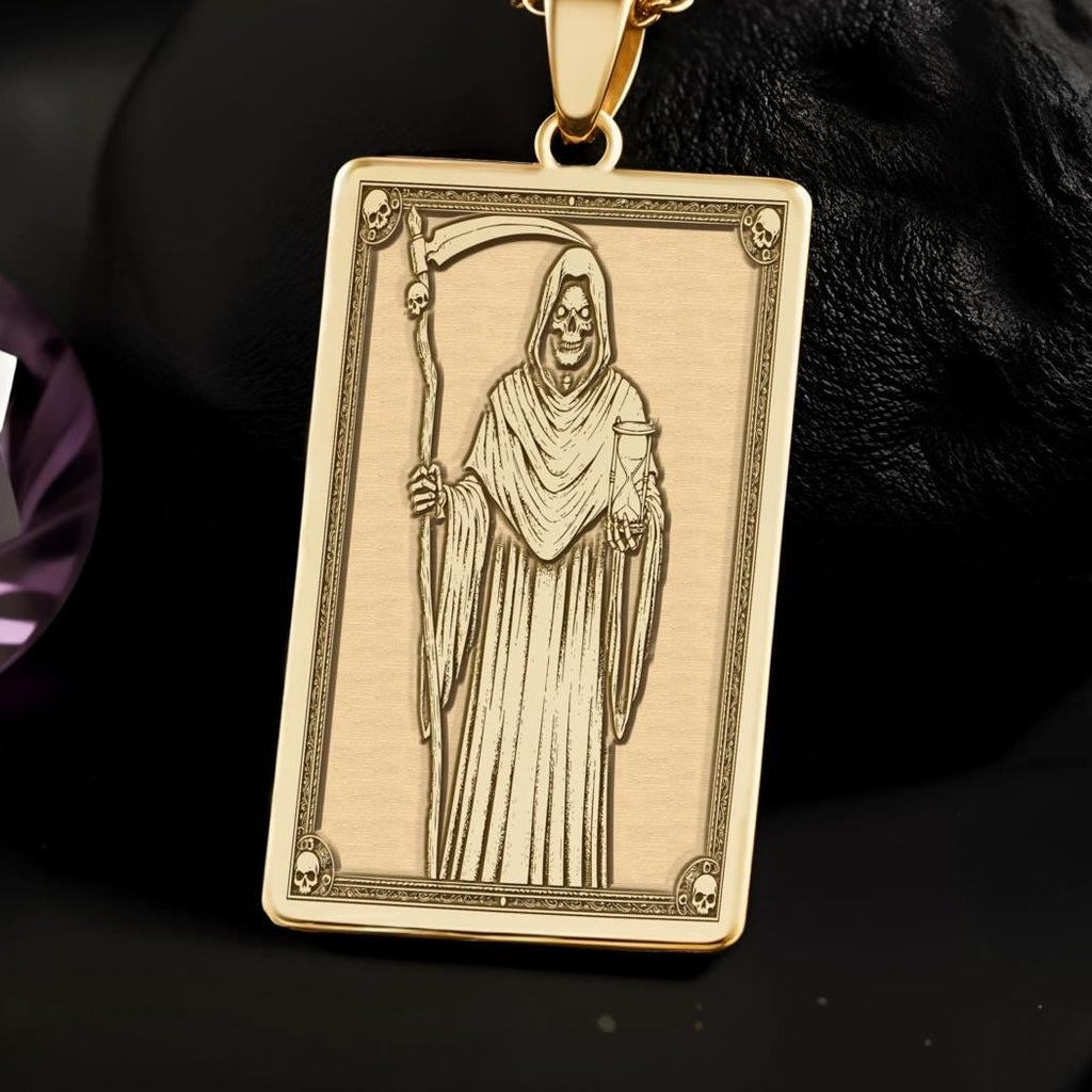 Grim Reaper Pendant Necklace: 14K Gold, Death Tarot Card, Gothic Horror Jewelry - View 2