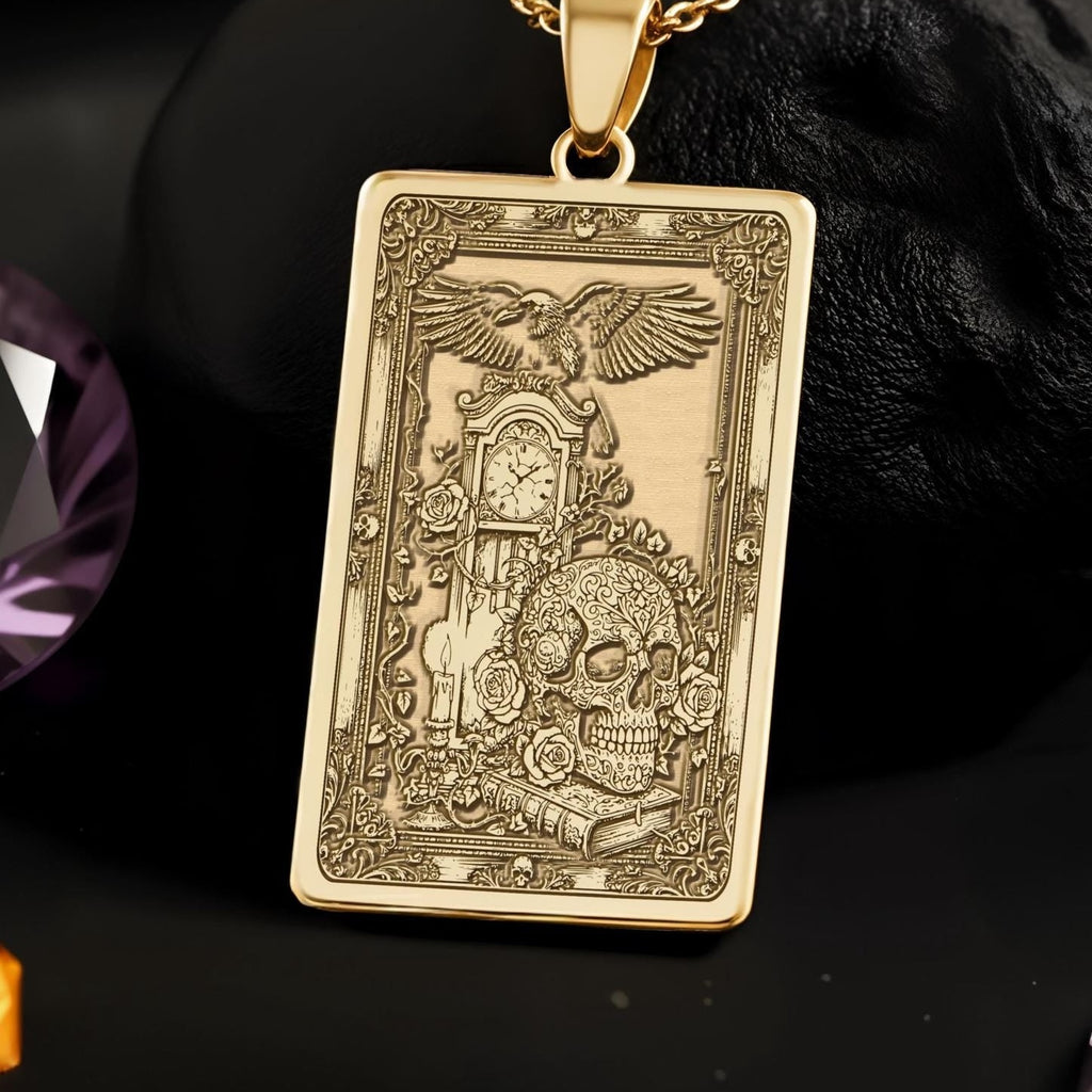 Skull Tarot Pendant Necklace: 14K Gold, Memento Mori Charm, Gothic Macabre Jewelry - View 2