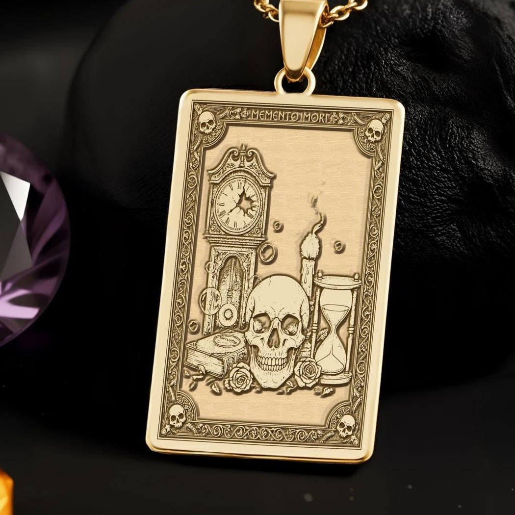 Memento Mori Necklace: 14K Gold, Skull Hourglass Tarot, Stoic Philosophy Jewelry - View 2