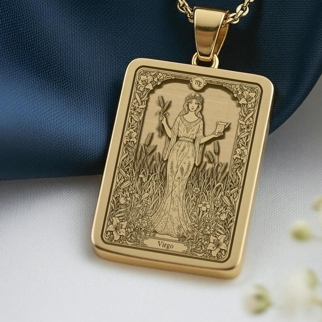 Virgo Necklace: 14K Gold Tarot Card Astrology Pendant - View 2