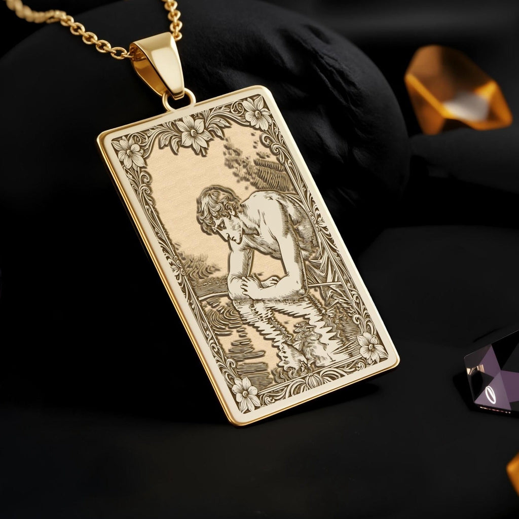 Narcissus Pendant Necklace: 14K Gold, Greek Mythology Art, Dark Academia Jewelry - View 2