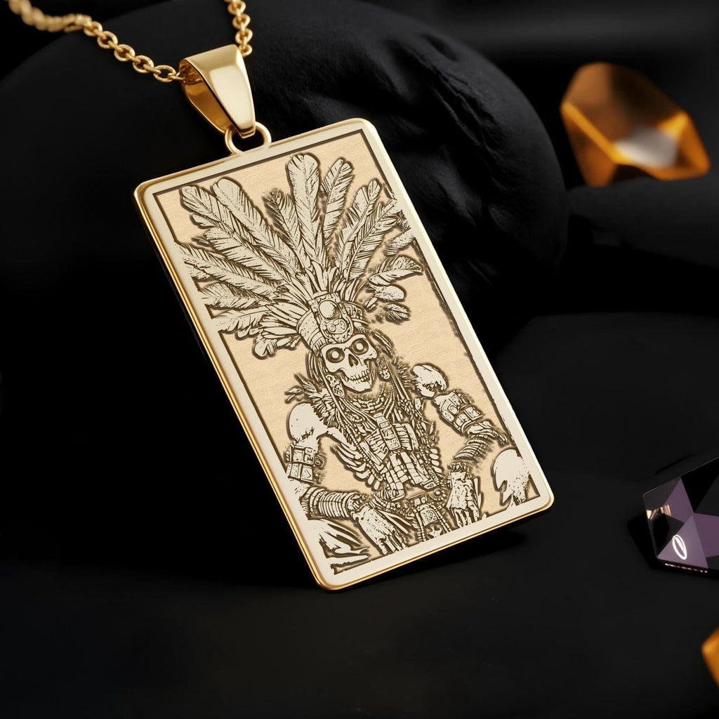 Aztec Warrior Tarot Pendant: 14K Gold Personalized Skull Necklace, History Jewelry - View 2