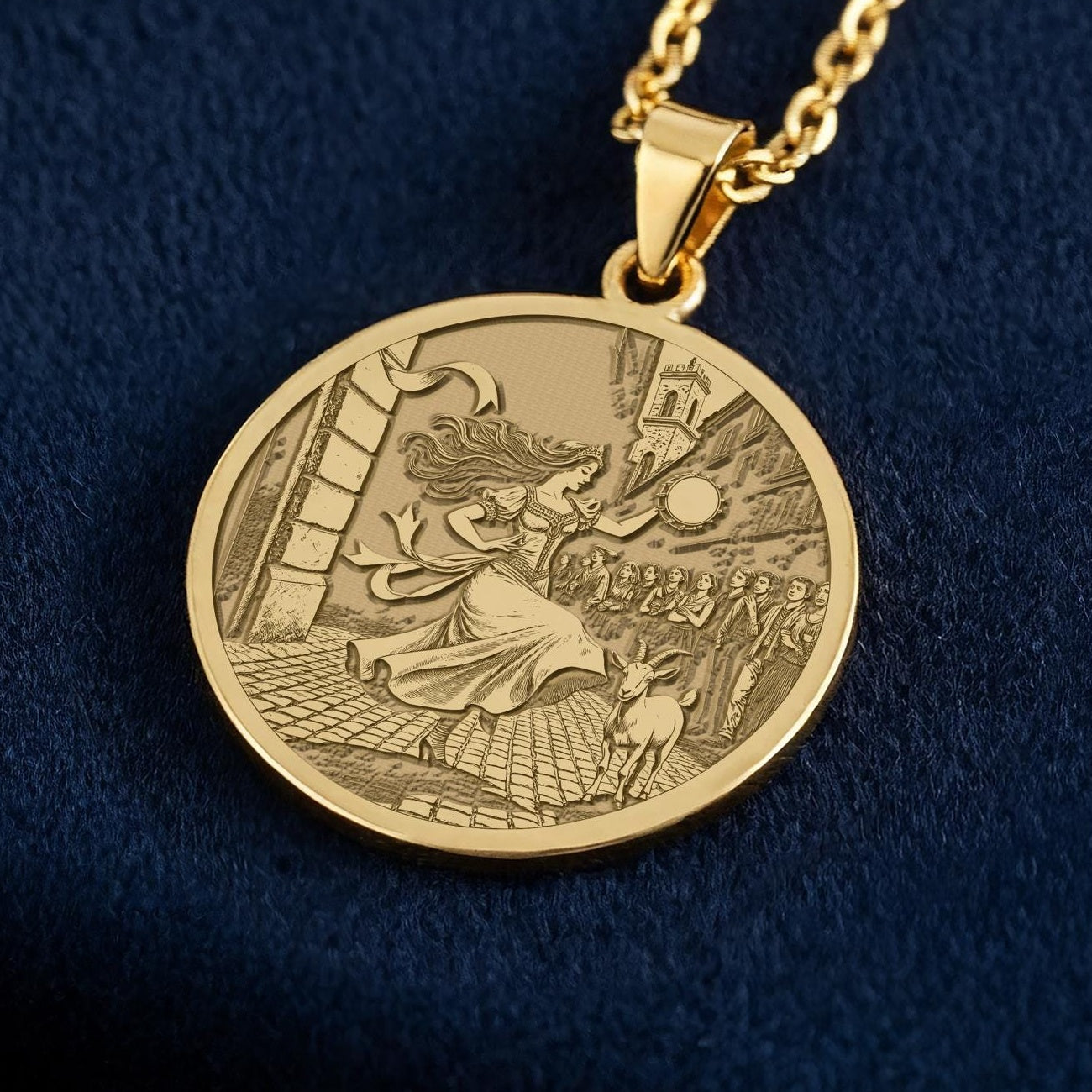 Esmeralda Necklace: 14K Gold, Gypsy Dancer Coin Pendant, Victor Hugo Jewelry - View 2