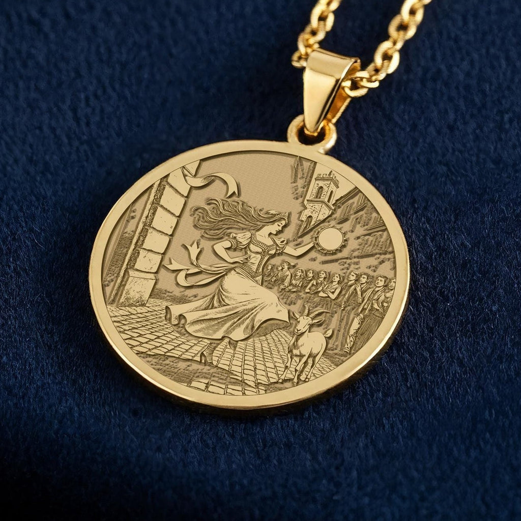 Esmeralda Necklace: 14K Gold, Gypsy Dancer Coin Pendant, Victor Hugo Jewelry - View 2